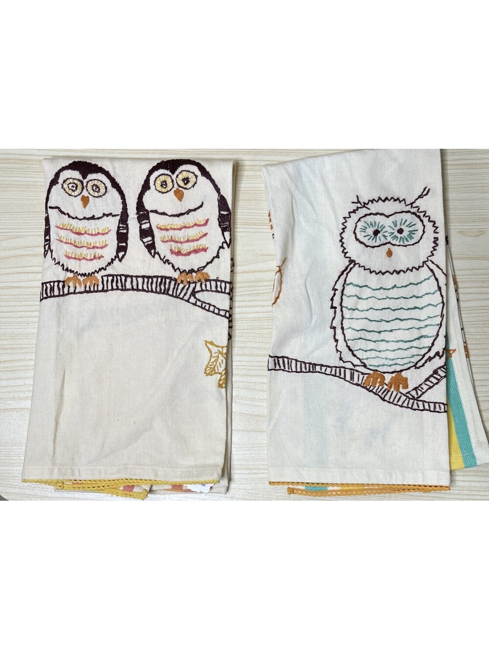 OWLS Hoo Hoo Anthropologie Owl Dish Tea Towel 100% Cotton Embroidered 2 Pieces